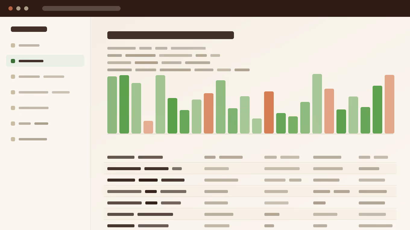 A placeholder product screenshot: an app window with a sidebar of navigation items, a heading, a bar chart of twenty-four bars, and a seven-row data table, drawn in the SproutlySquad palette.